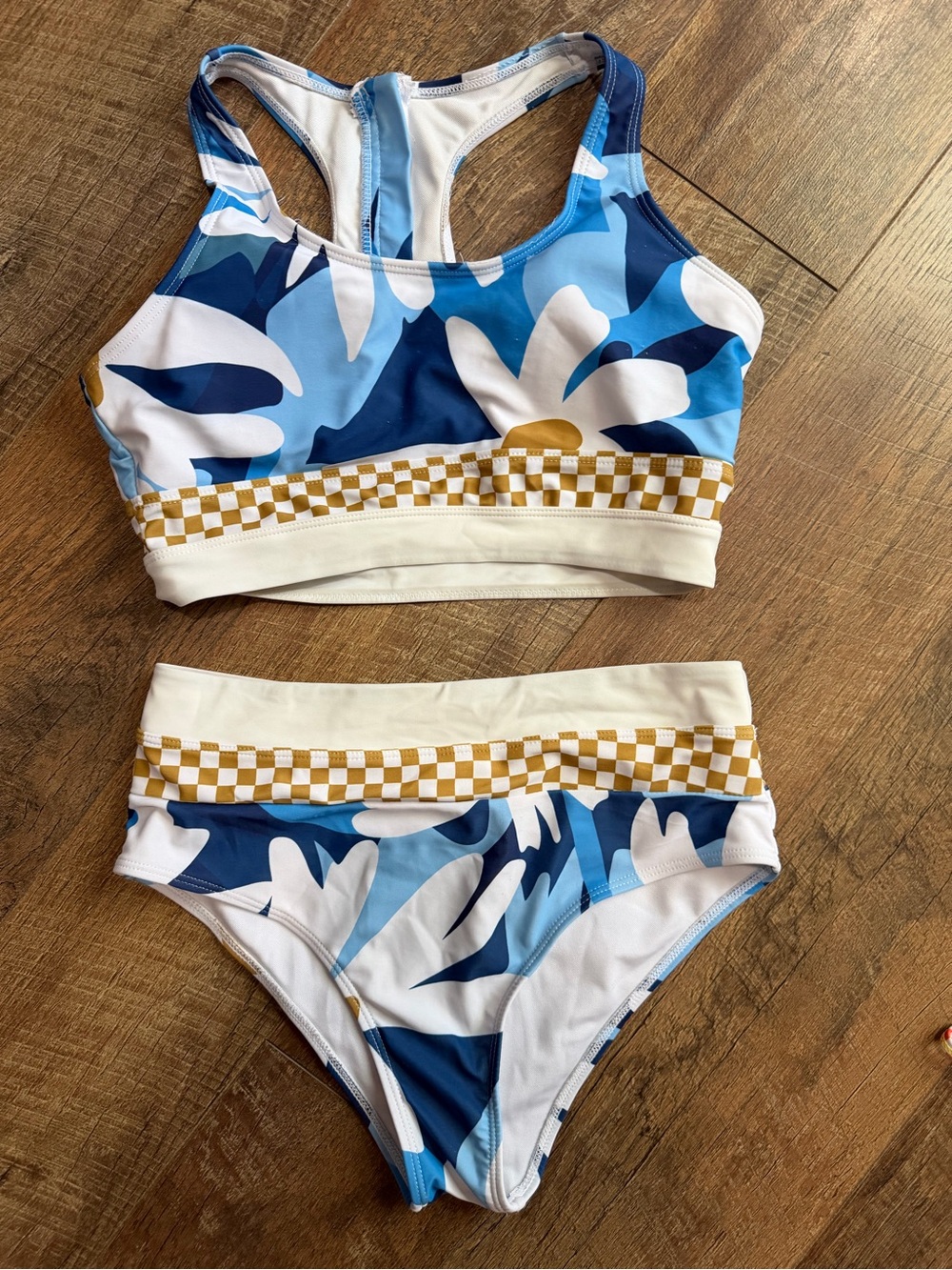 Kids Blue Floral Two-Piece Swim Set with Checker Trim